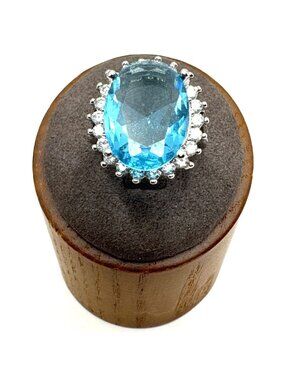 Sterling Silver 925 Blue Gemstone & Cubic Zirconia Statement Ring Size 5.5